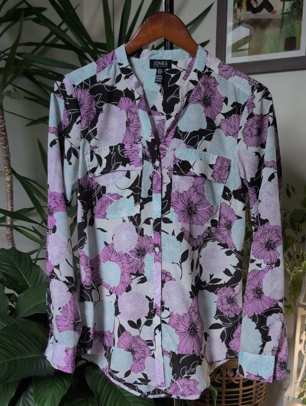 Floral Aqua & Violet Blouse, Tab sleeves, Button down